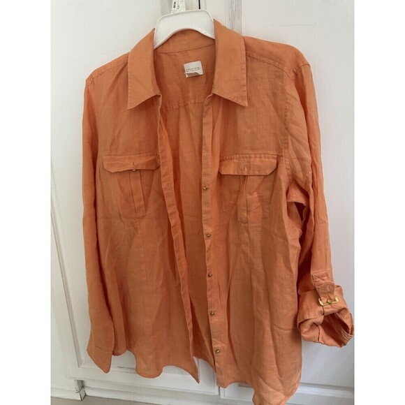 chicos linen shirt orange gold button down roll tab sleeves 100% linen size 2/ L - Picture 3 of 13